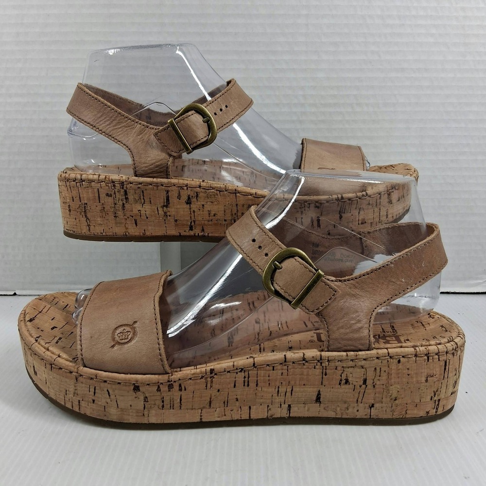 Born Tan Leather Cork Platform Wedge Sandals BR0035506 Women's 8M